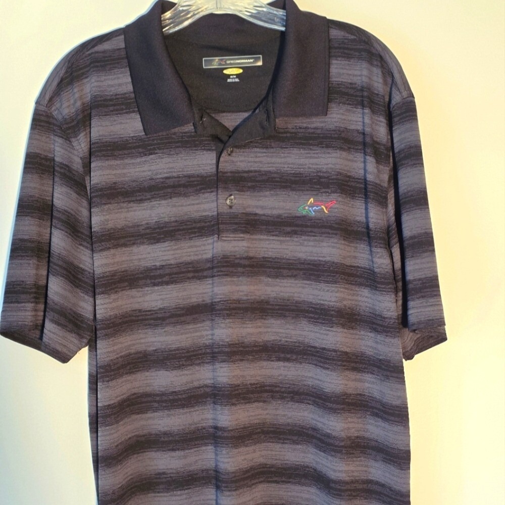 Greg Norman Polo Shirt‎ Mens M Black Grey Striped PlayDry Performance Golf Top